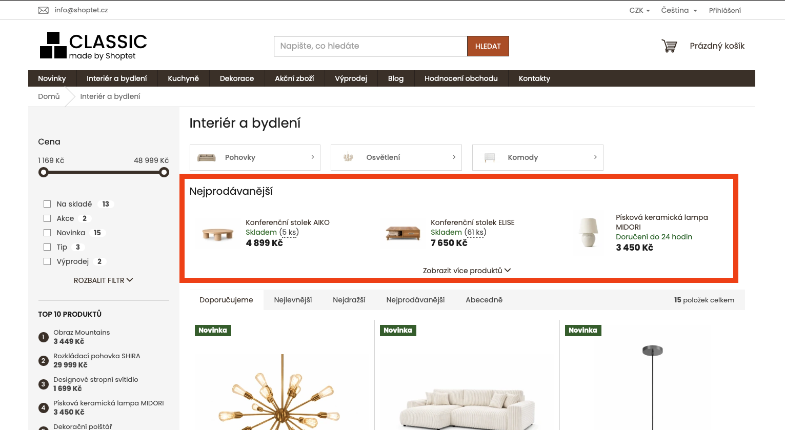Náhled skryté sekce nejprodávanějších produktů