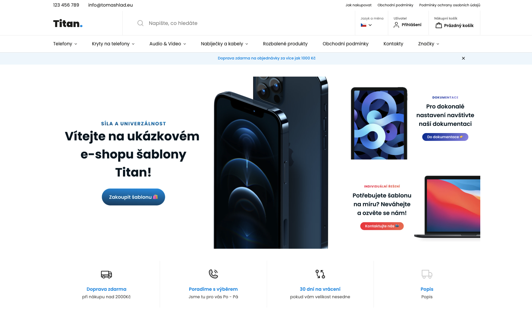 Titan – úvodní stránka s bílým pozadím