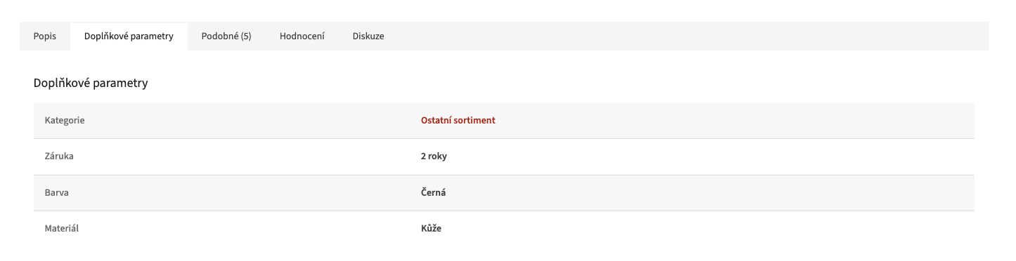 Doplňkové parametry v samostatné záložce